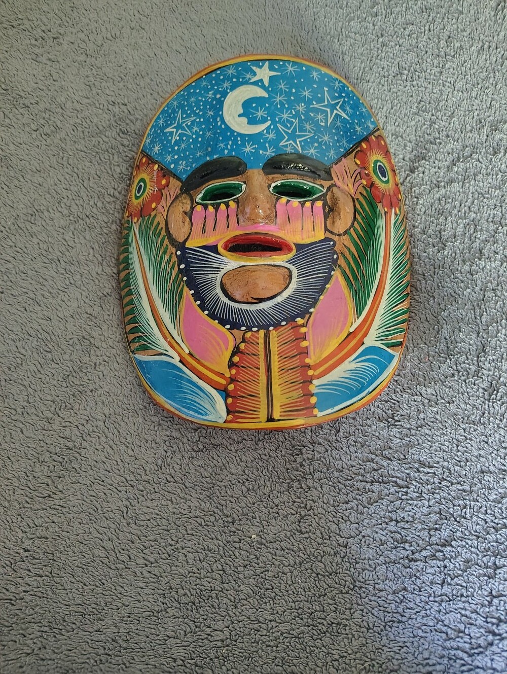 MEXICANA Hand-Painted Ceramic Folk Mask in Blue, Pink, Green, Yellow